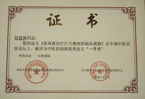 赵建林同志：您的论文《拔毒膏治疗巨大褥疮的临床观察》在中国中医名家论坛上，被评为中医药创新优秀论文一等奖。